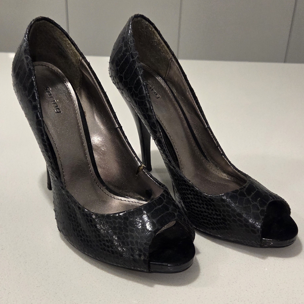 Call It Spring Black Textured Peep-Toe Stiletto Heels